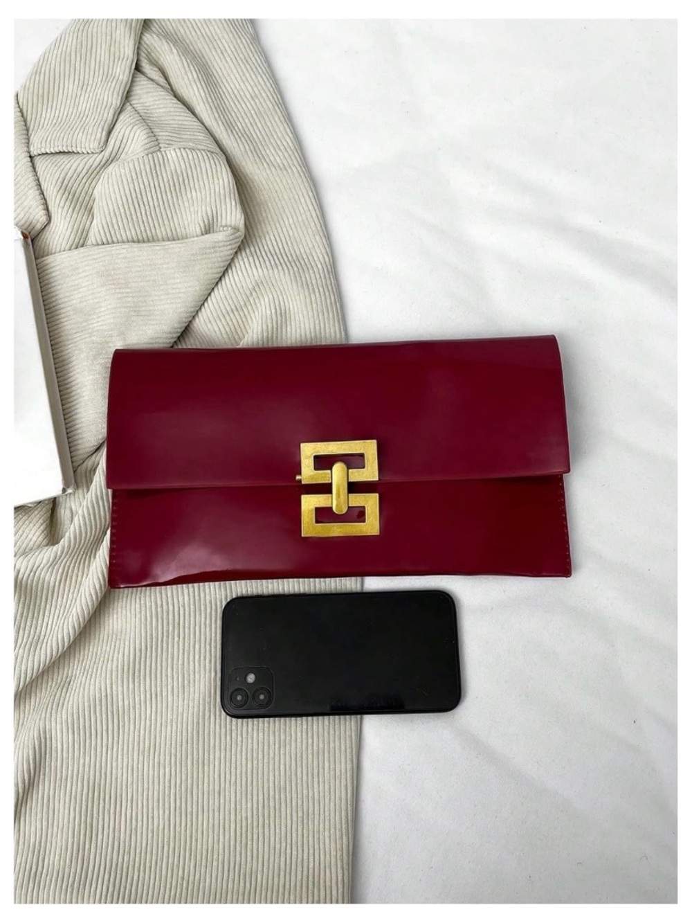 Burgundy Envelope Clutch - FAUX PATENT LEATHER & GOLD METAL HARDWARE ACCENT